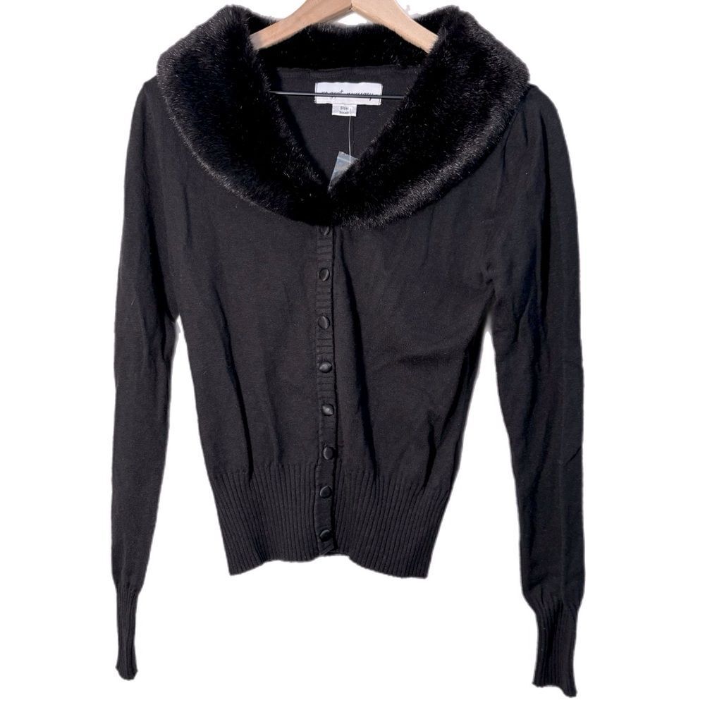 Faux-Fur Collar Cotton Blend Button-Front Cardigan Sweater Black S Y2K Glamour
